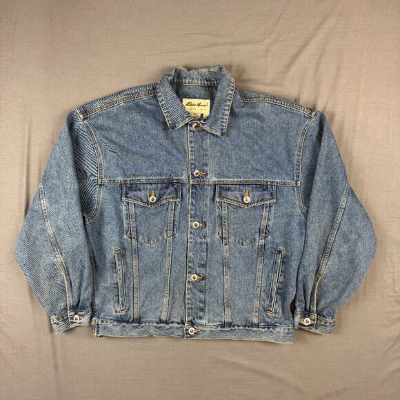 Vintage 90s Eddie Bauer Jean Jacket Mens Medium Blue Denim Biker Trucker Cotton - Picture 1 of 5